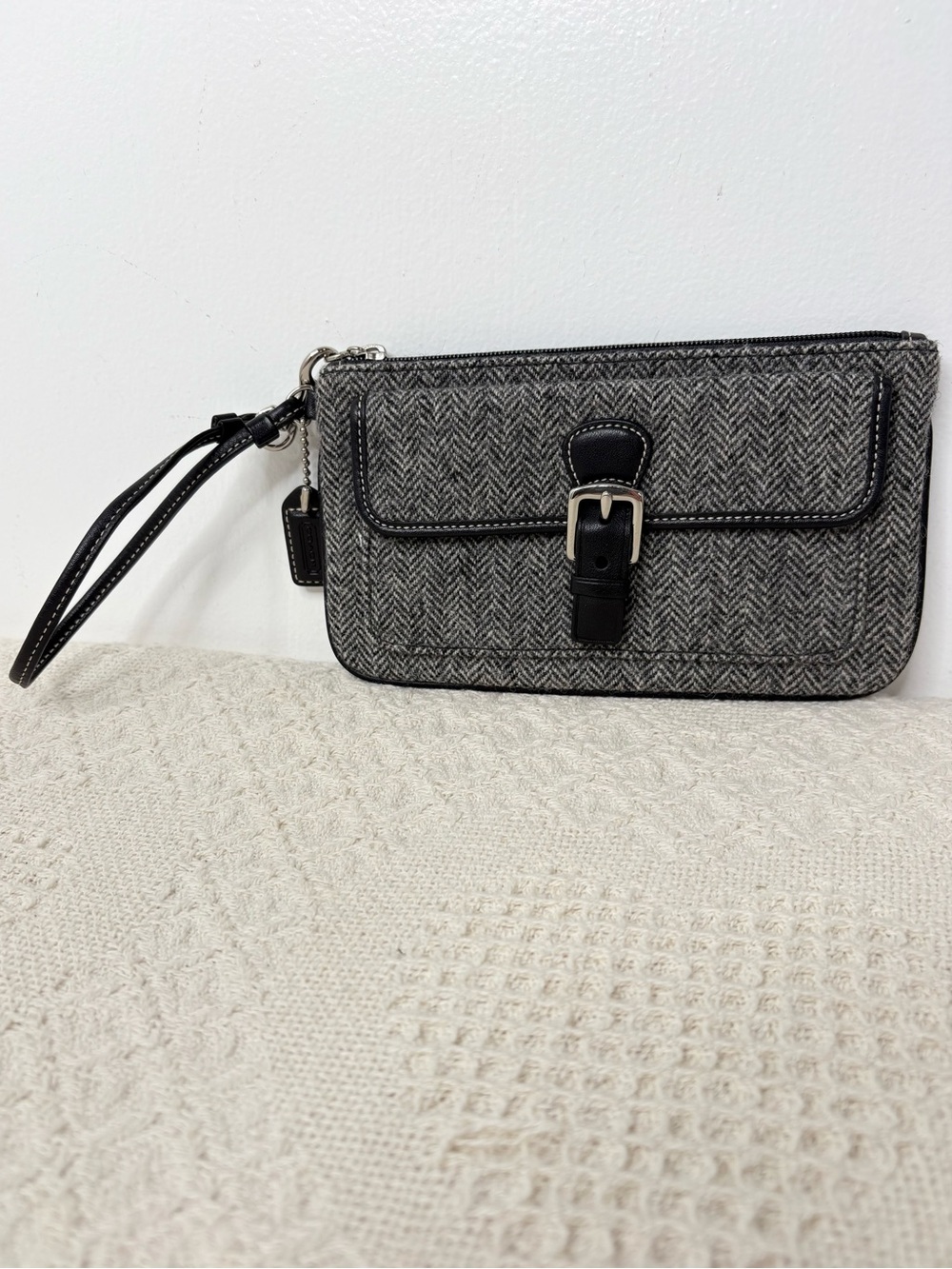 Y2K Vintage Coach Hamptons Herringbone Wool Large Skinny Wristlet